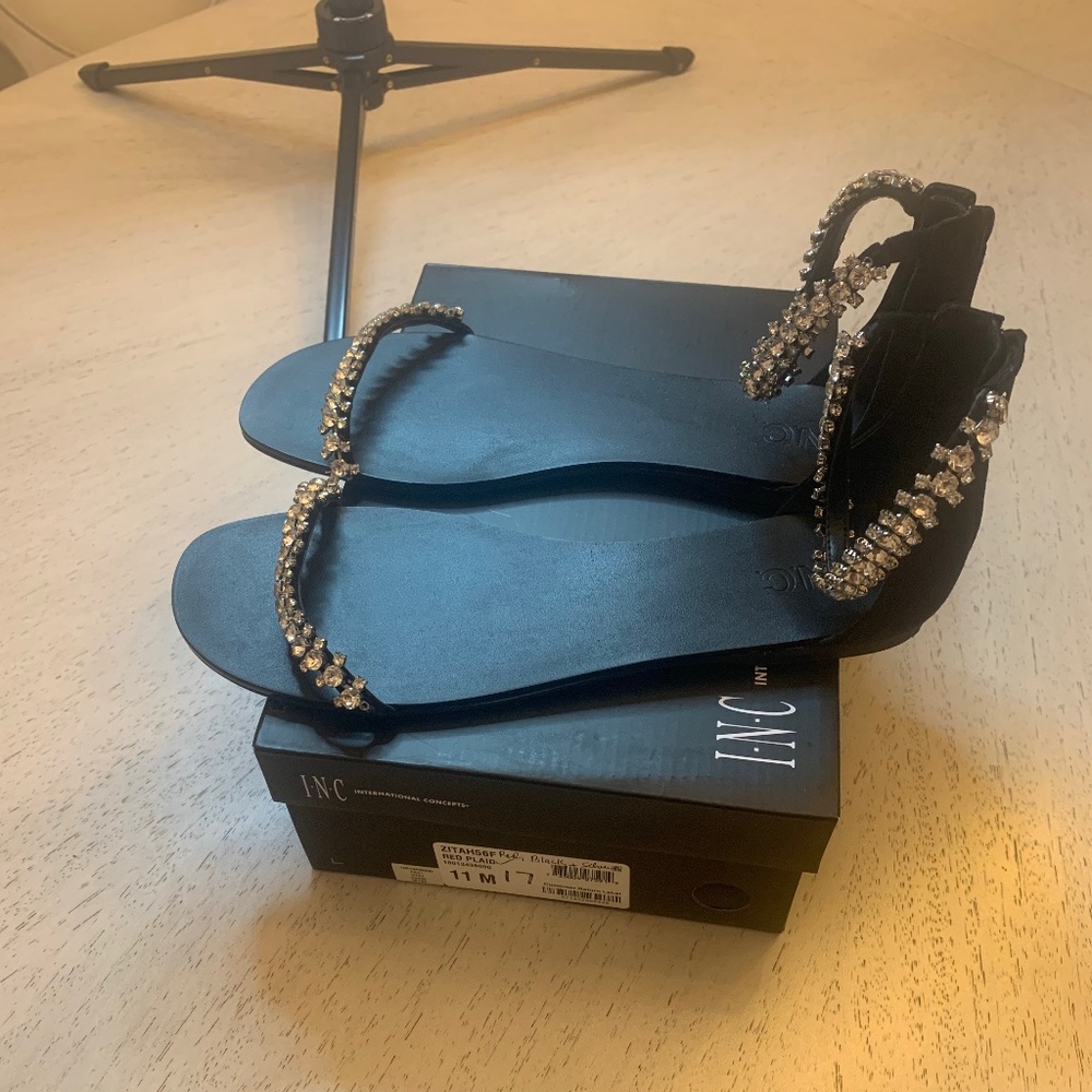 Women’s INC Black Dressy Flat Sandals with Silver Gems, Size 11
